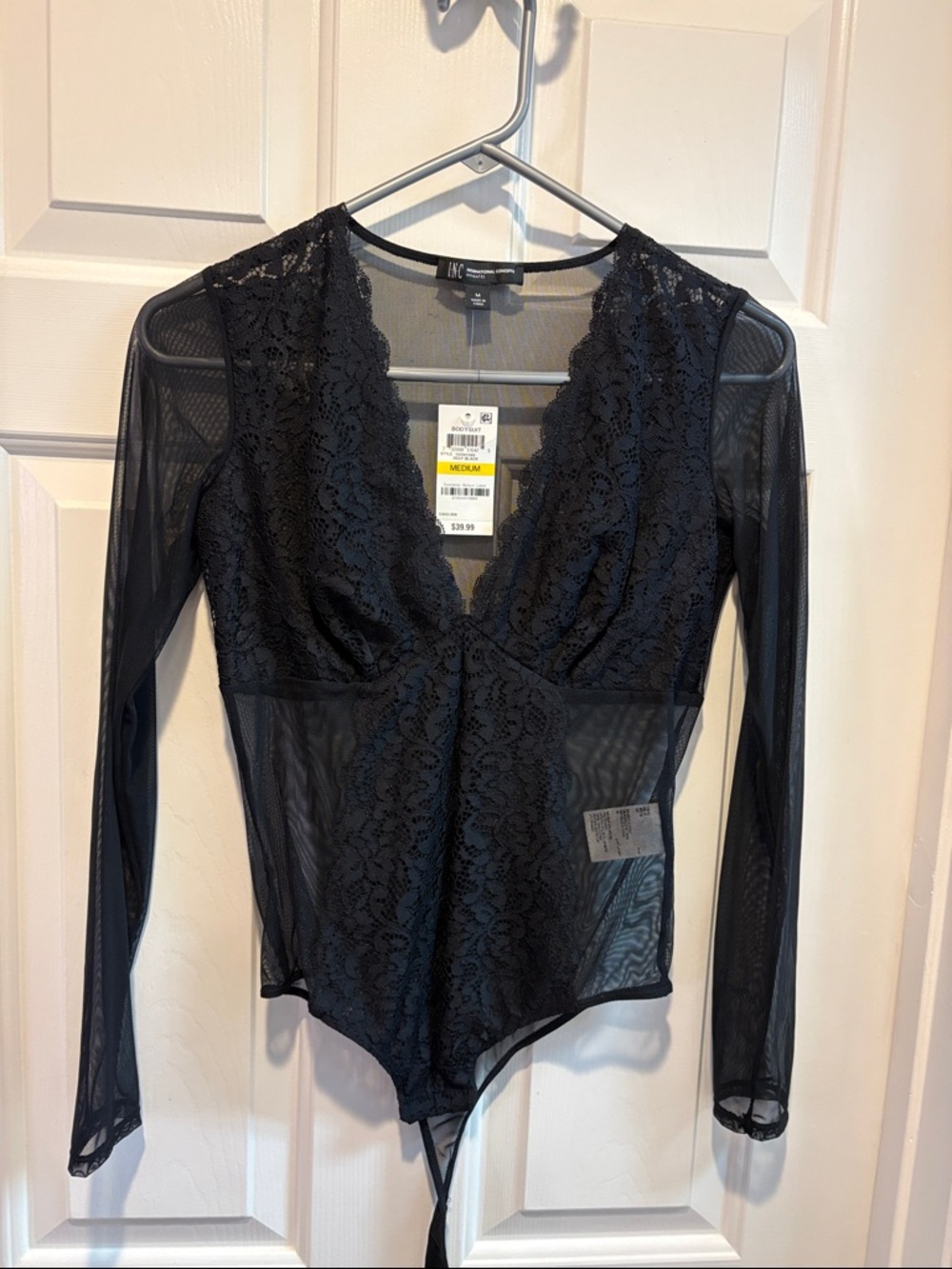 INC International Concepts Black Lace & Mesh Plunge Bodysuit
